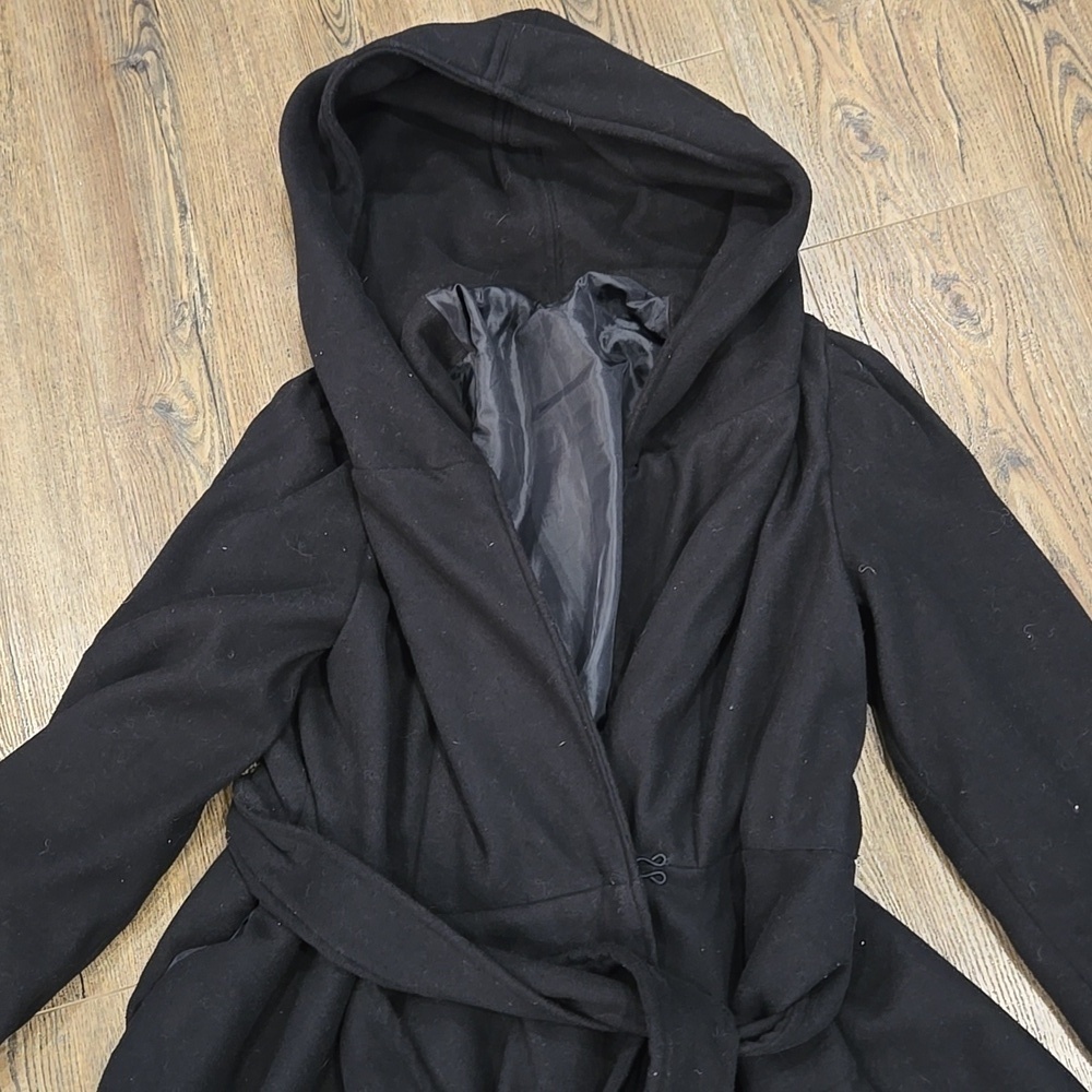 Black Wool Hooded Coat Embroidered Back Size Large